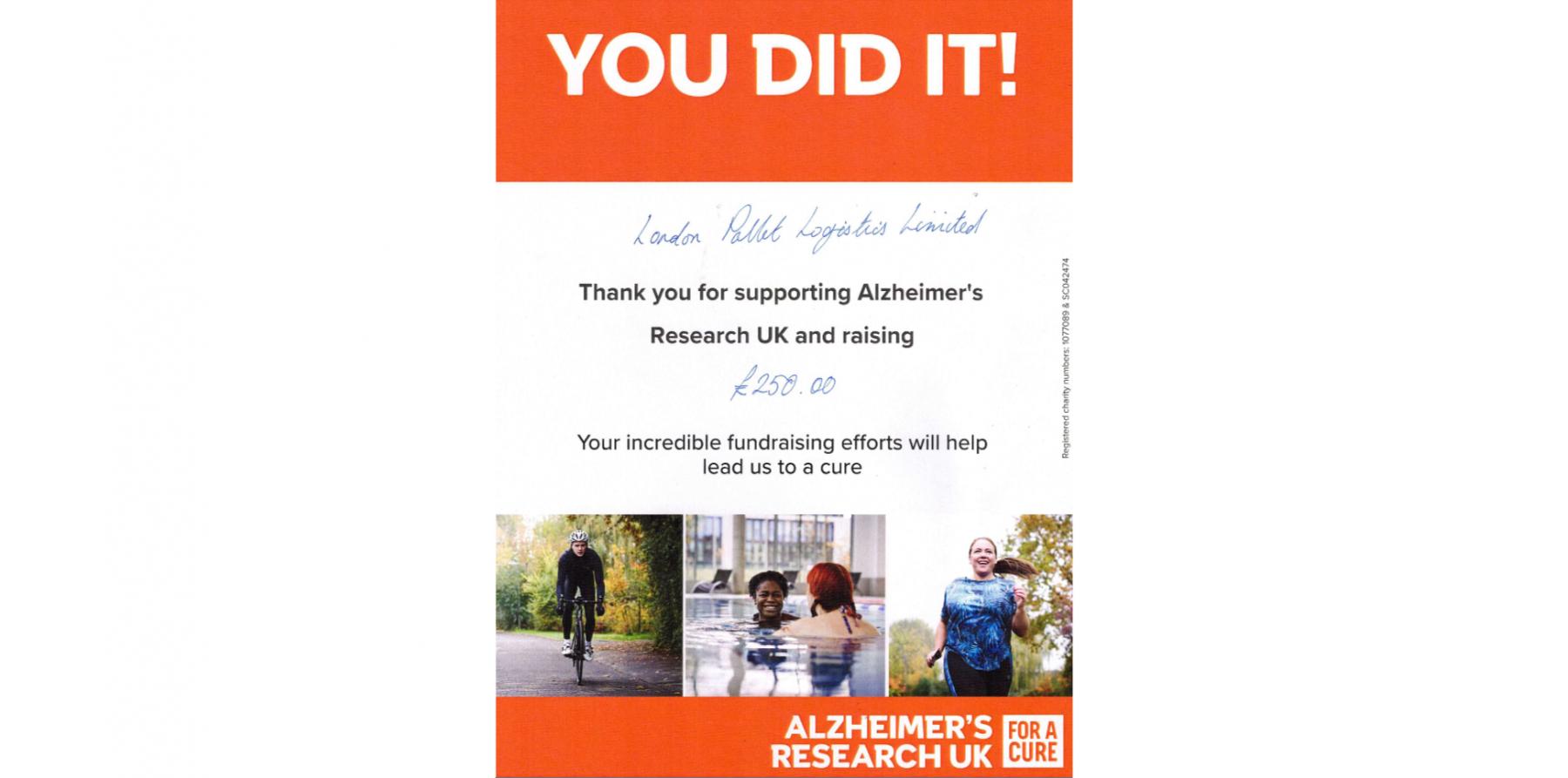 £250.00 Raised For Alzheimer's Research UK 